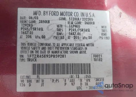 2003 Ford Ranger Edge/Xlt from USA, damaged, VIN 1FTZR45E93PB59281